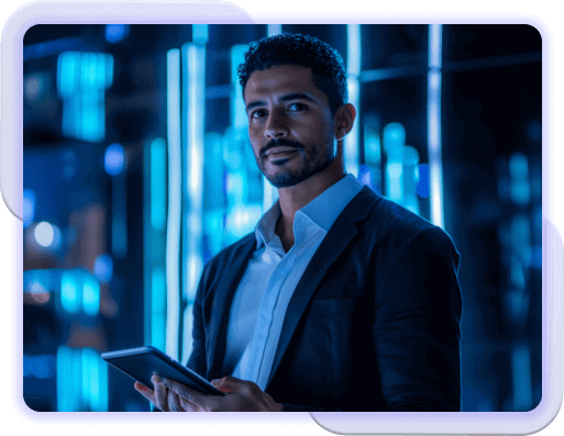 Homem segurando tablet e olhando para a frente